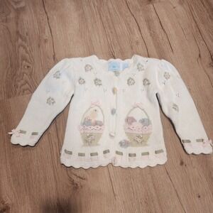 VTG Hartstrings Baby Girl White Knit Cardigan Sweater Easter Embroidery 18M